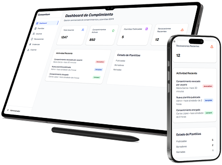 Plataforma de Consentium en tablet y móvil, mostrando el dashboard de cumplimiento para gestionar la ley de datos 21.719 y consentimientos de usuarios.