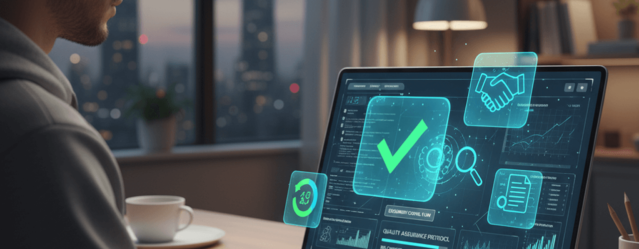 Persona gestionando el consentimiento digital y trazabilidad en portátil: interfaz con iconos de aprobación, verificación y control de calidad para cumplimiento GDPR.